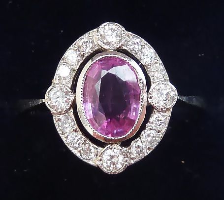 Gorgeous Art Deco Platinum Pink Sapphire and Diamond Vintage Antique Cluster Ring