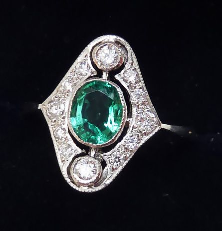 fig 1. Beautiful art deco platinum 0.60ct emerald and diamond vintage antique cluster ring