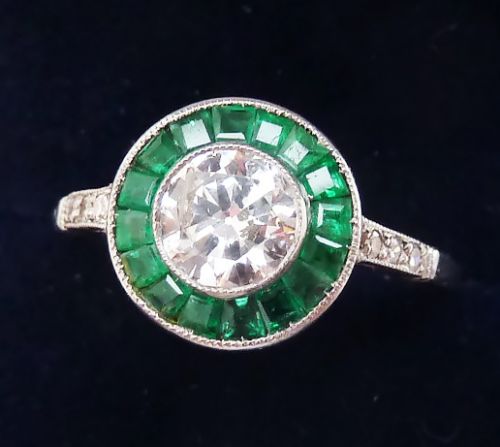 fig 1. Gorgeous art deco platinum emerald and 0.80ct diamond vintage antique target ring