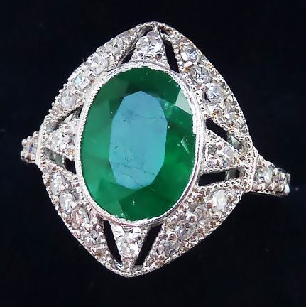 fig 1. Gorgeous art deco 18ct white gold 2.40ct oval emerald and diamond vintage antique cluster ring
