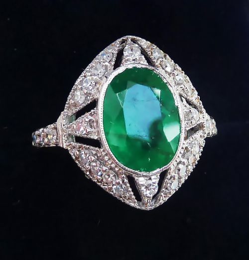 fig 2. Gorgeous art deco 18ct white gold 2.40ct oval emerald and diamond vintage antique cluster ring