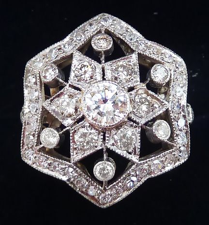 Stunning Art Deco Platinum 1.19ct Diamond Cluster Star Vintage Antique Ring