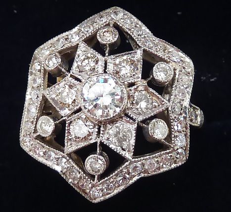 fig 1. Stunning art deco platinum 1.19ct diamond cluster star vintage antique ring