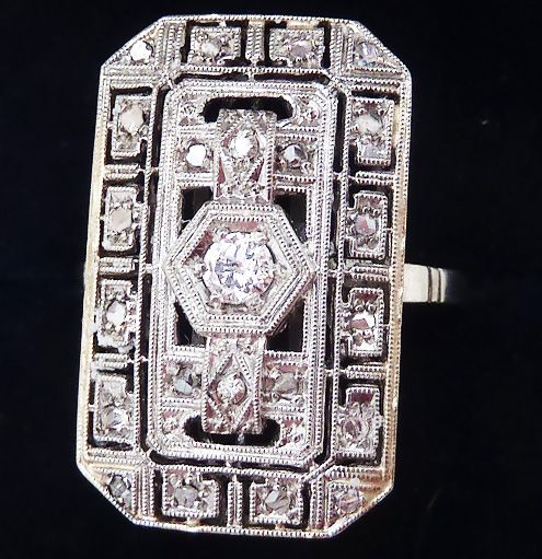 fig 1. Beautiful art deco platinum 0.31ct elongated diamond vintage antique cluster ring