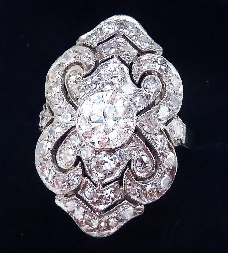 fig 1. Fabulous art deco platinum 2.20ct diamond big beautiful elongated vintage antique cluster ring