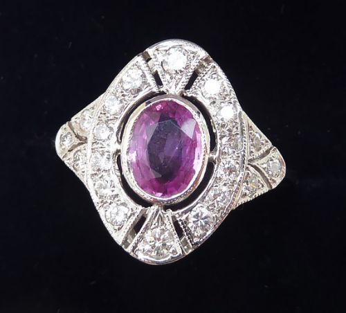 fig 1. Gorgeous art deco platinum 0.90ct pink sapphire and diamond vintage antique cluster ring
