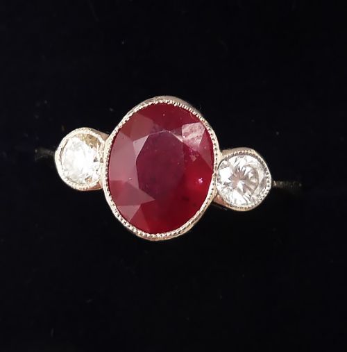 fig 1. Stunning art deco platinum 1.85ct ruby and diamond three stone vintage antique trilogy ring