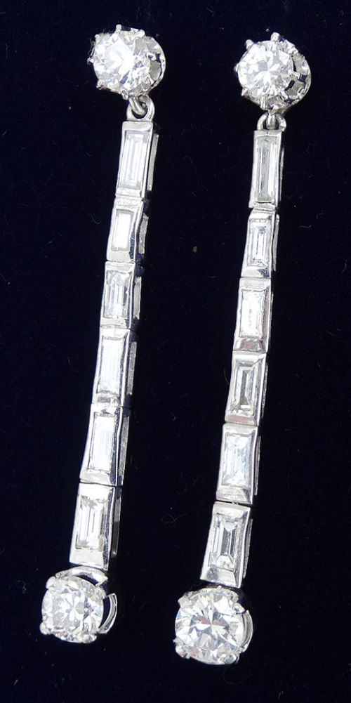 fig 1. Stunning art deco platinum 4.10ct baguette diamond vintage antique dangle earrings
