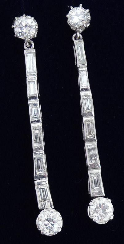 fig 2. Stunning art deco platinum 4.10ct baguette diamond vintage antique dangle earrings