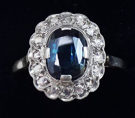 Beautiful Art Deco 18ct 18k White Gold 1.15ct Sapphire and Diamond Vintage Antique Cluster Ring