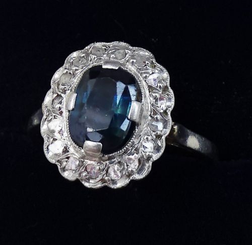 fig 1. Beautiful art deco 18ct 18k white gold 1.15ct sapphire and diamond vintage antique cluster ring