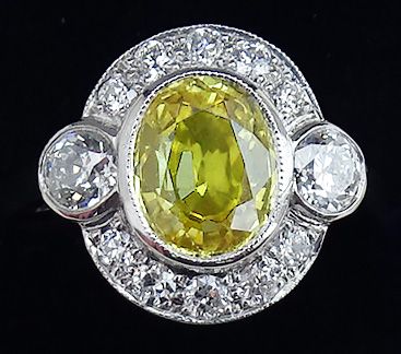Stunning Art Deco Platinum 2ct Yellow Sapphire and Diamond Vintage Antique Cluster Ring