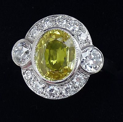 fig 1. Stunning art deco platinum 2ct yellow sapphire and diamond vintage antique cluster ring