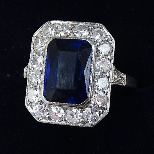 fig 1. Beautiful art deco 18ct 18k white gold 1.90ct sapphire and diamond cluster ring