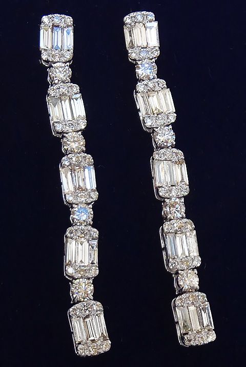 fig 1. Stunning art deco 18ct 18k white gold 1.98ct diamond baguette vintage antique dangle earrings