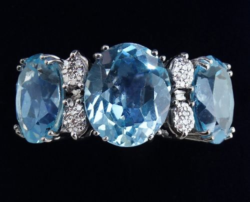Big beautiful art deco 18ct 18k white gold 8.5ct aquamarine and diamond vintage antique trilogy ring