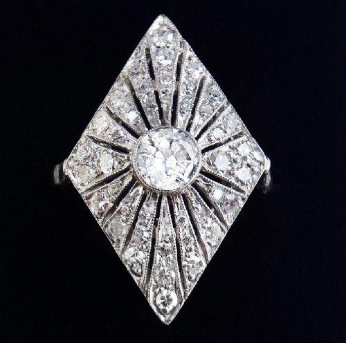 Big Beautiful Art Deco Platinum 1.13ct Diamond Marquise Vintage Antique Cluster Ring