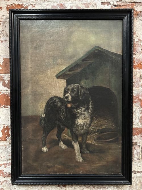 Large Framed Signed Late C19th Collie Dog Portrait Oil Painting on Canvas 