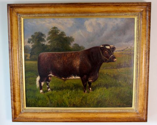 SHORTHORN BULL OIL PAINTING CASTLETON SIGNED W A CLARK - ADDITIONAL PHOTO 4