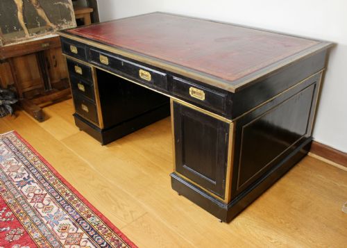19TH CENTURY CAMPAIGN TYPE BRASS MOUNTED EBONISED TWIN PEDESTAL DESK - ADDITIONAL PHOTO 9