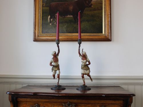 PAIR OF CONTINENTAL COLD PAINTED SPELTER FIGURAL CANDLESTICKS - ADDITIONAL PHOTO 1