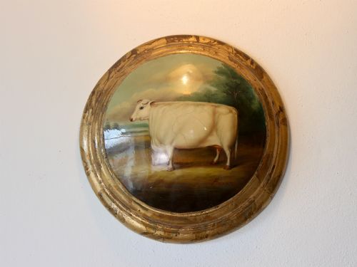 19th century naive white shorthorn cow oil painting on curved surface signed byron - CATEGORY: ANTIQUE ART - DATED 19TH CENTURY