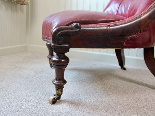 EARLY VICTORIAN RED LEATHER ROSEWOOD FRAMED NURSINGSLIPPER CHAIR - ADDITIONAL PHOTO 6