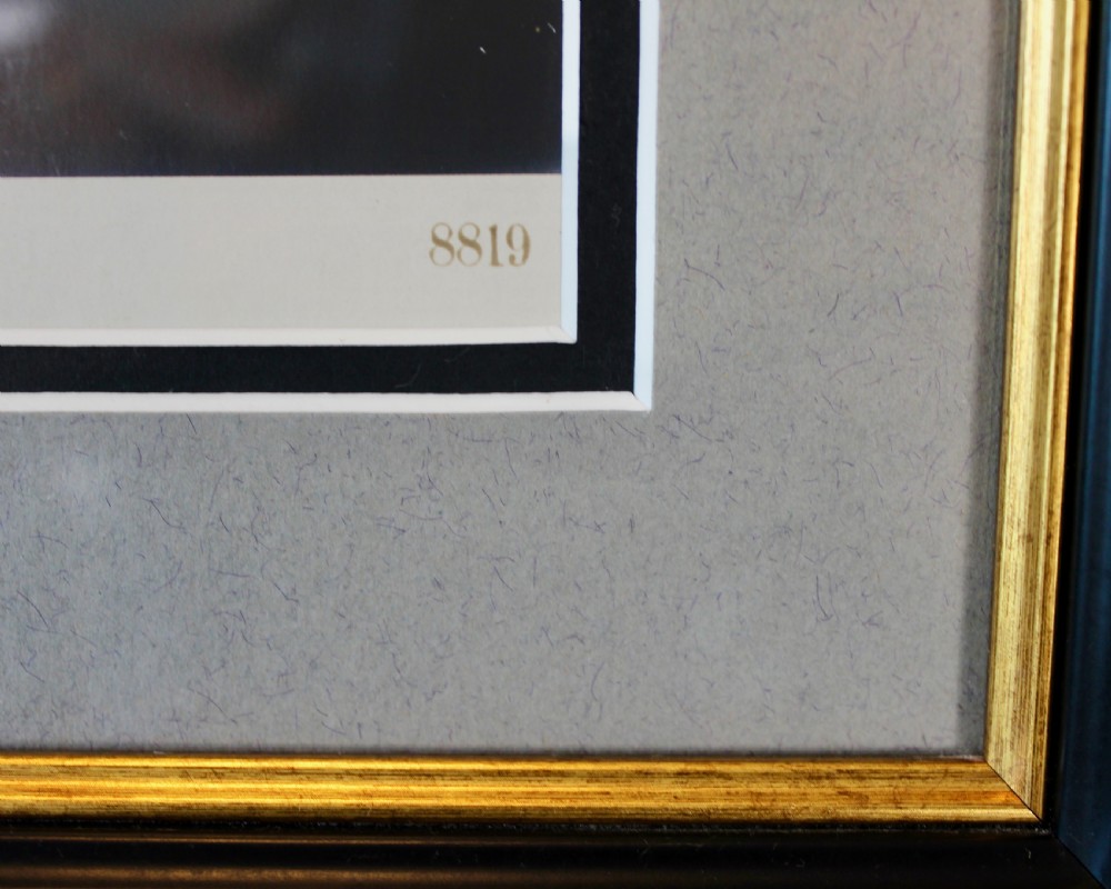 A pair of black and white framed photographic prints depicting ancient classical statues from the Naples National Archaeological Museum in dark stepped frames with gold accents. View VII