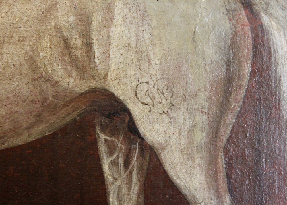 An early 19th-century oil painting depicting a white stallion in profile inside a dimly lit stable, presented in a black ebonised frame with a gilded inner slip. View IV