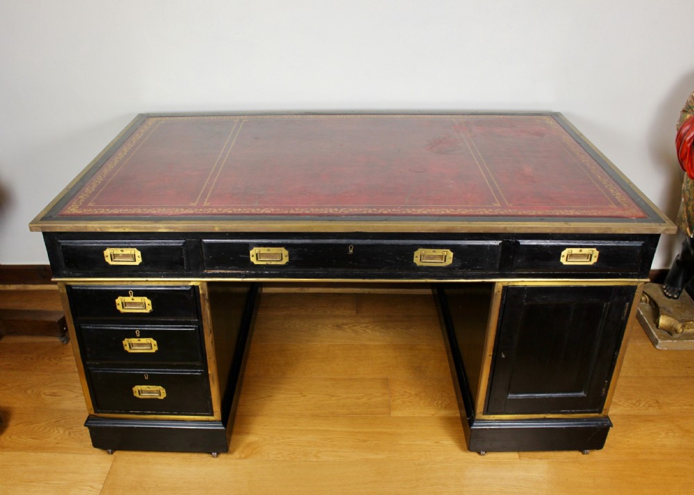 19th Century Campaign Type Brass Mounted Ebonised Twin Pedestal Desk