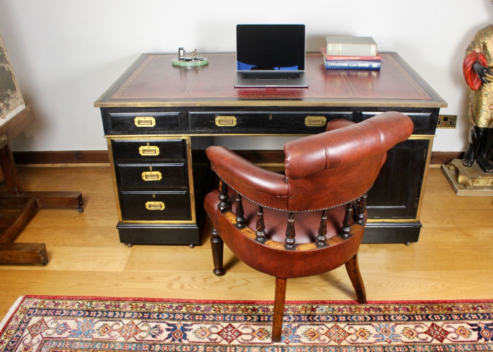 19th Century Campaign Type Brass Mounted Ebonised Twin Pedestal Desk View II