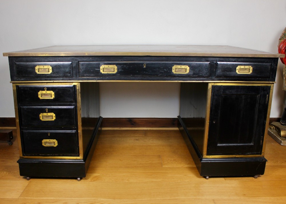 19th Century Campaign Type Brass Mounted Ebonised Twin Pedestal Desk View III