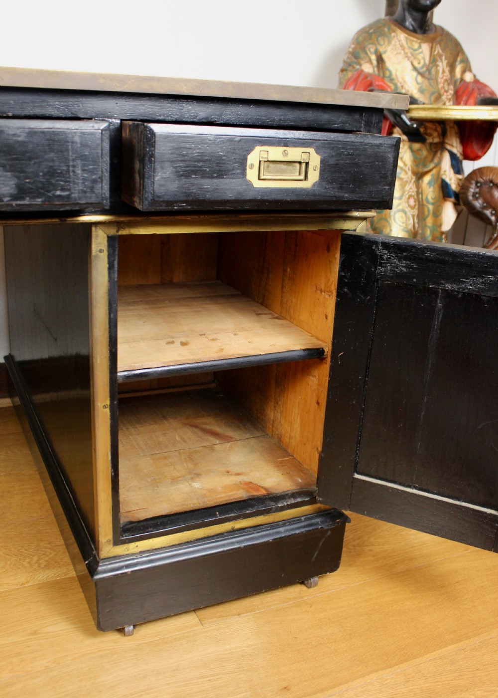 19th Century Campaign Type Brass Mounted Ebonised Twin Pedestal Desk View VI