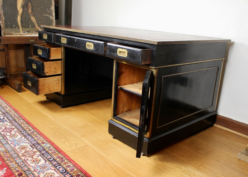 19th Century Campaign Type Brass Mounted Ebonised Twin Pedestal Desk View VII
