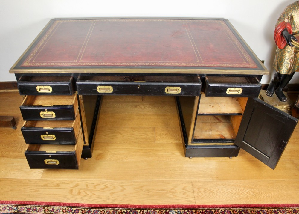 19th Century Campaign Type Brass Mounted Ebonised Twin Pedestal Desk View IX