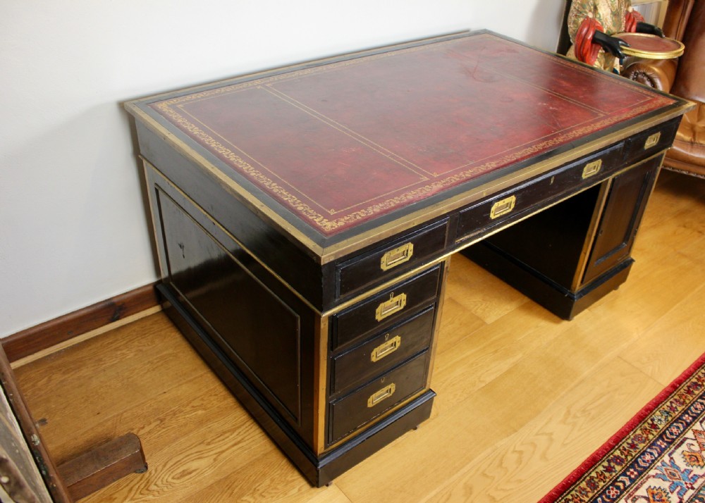 19th Century Campaign Type Brass Mounted Ebonised Twin Pedestal Desk View X