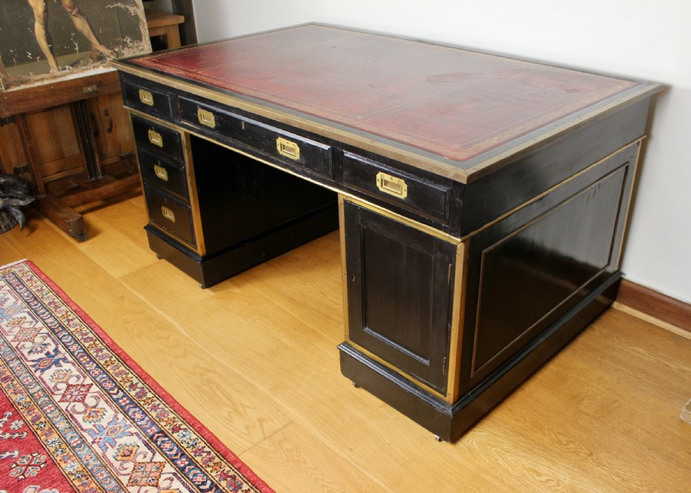 19th Century Campaign Type Brass Mounted Ebonised Twin Pedestal Desk View XI