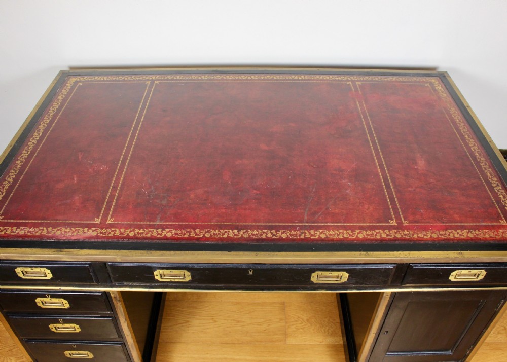 19th Century Campaign Type Brass Mounted Ebonised Twin Pedestal Desk View XII