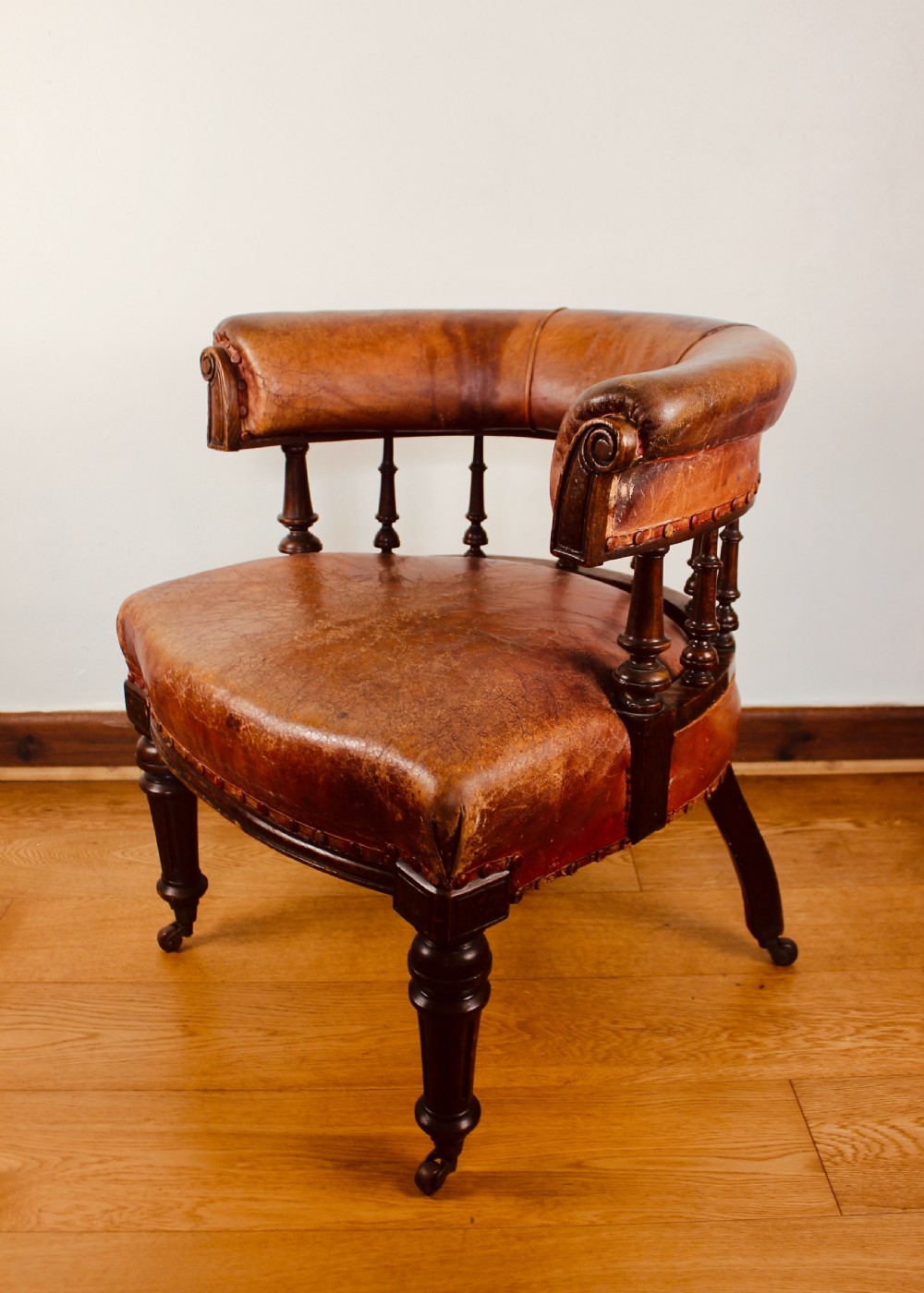 Victorian Oak Framed & Leather Upholstered Club Elbow Chair