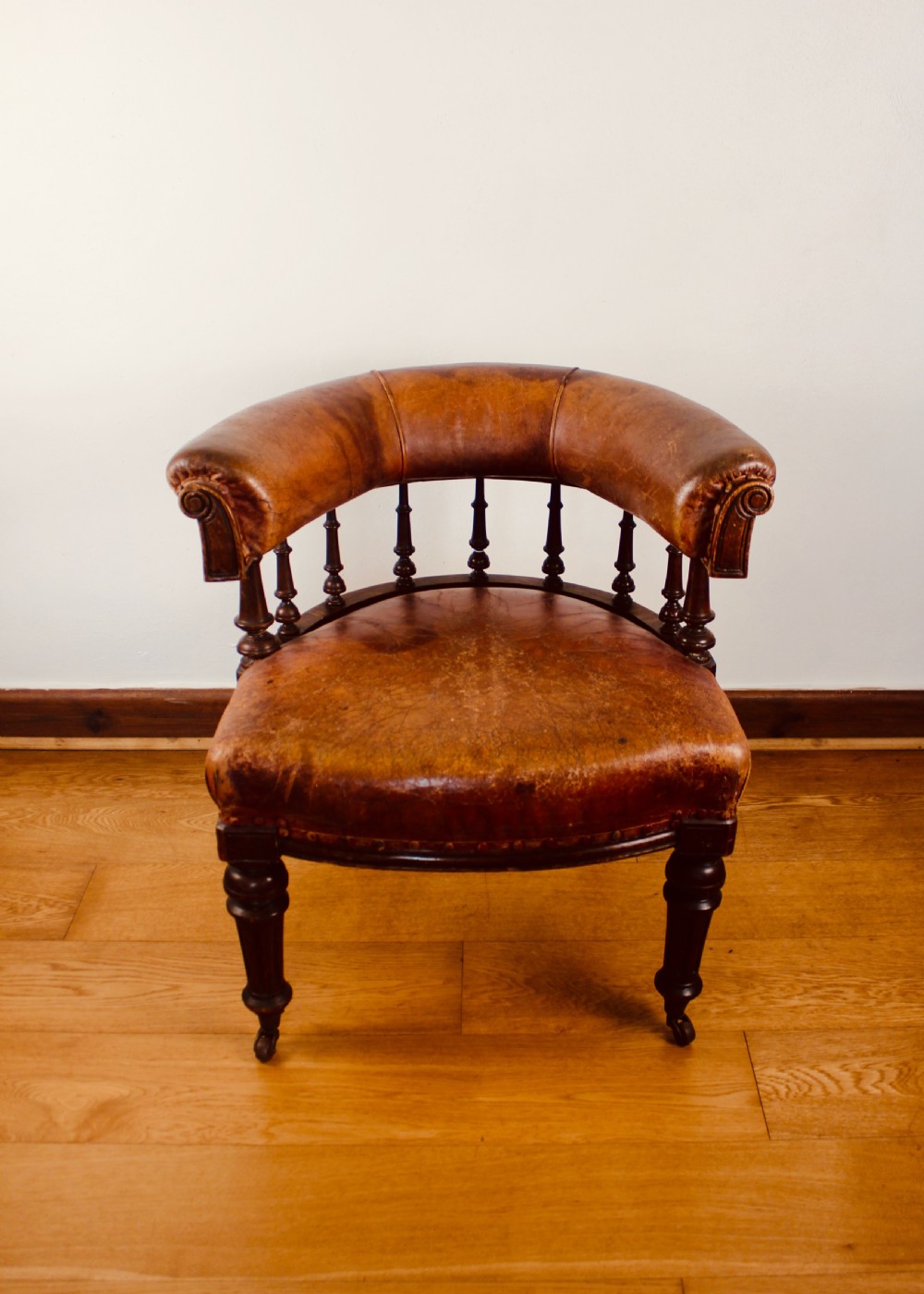 Victorian Oak Framed & Leather Upholstered Club Elbow Chair View II