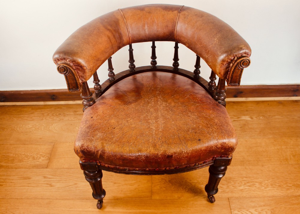 Victorian Oak Framed & Leather Upholstered Club Elbow Chair View III