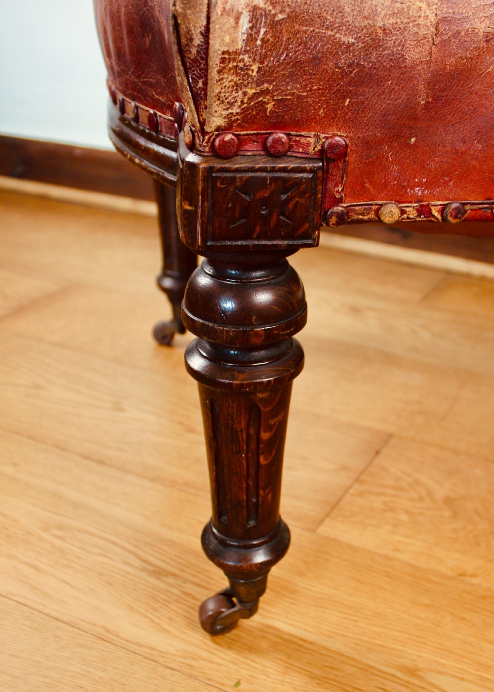 Victorian Oak Framed & Leather Upholstered Club Elbow Chair View IV