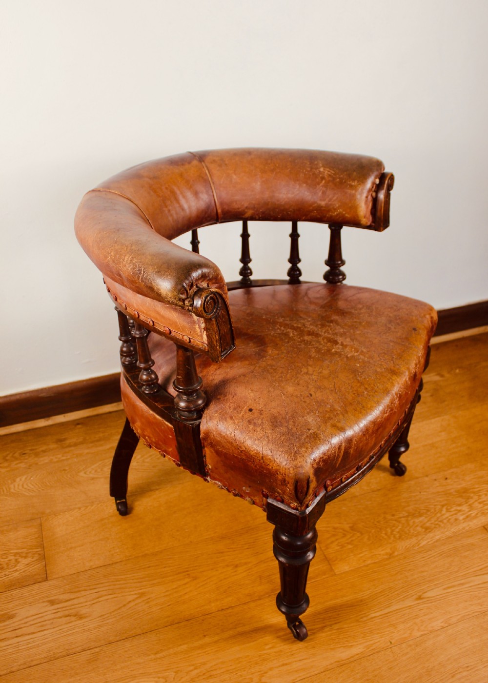 Victorian Oak Framed & Leather Upholstered Club Elbow Chair View VI