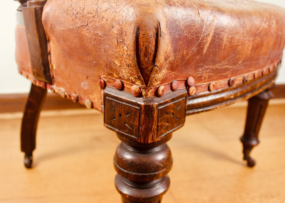 Victorian Oak Framed & Leather Upholstered Club Elbow Chair View VIII