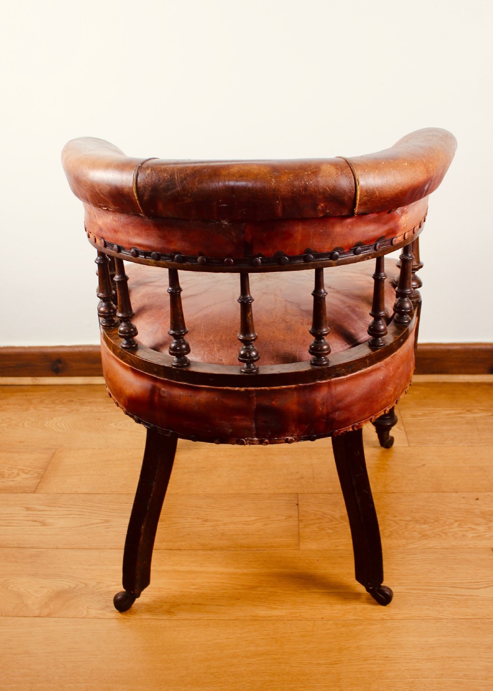 Victorian Oak Framed & Leather Upholstered Club Elbow Chair View IX