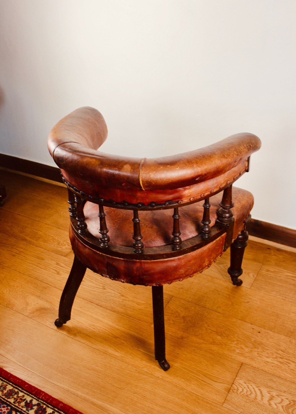 Victorian Oak Framed & Leather Upholstered Club Elbow Chair View X