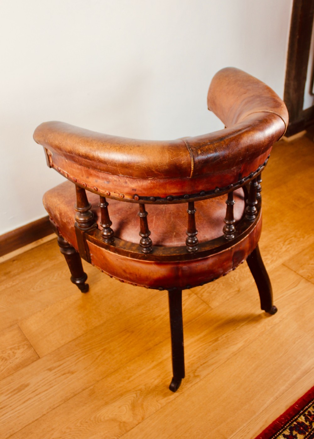 Victorian Oak Framed & Leather Upholstered Club Elbow Chair View XI