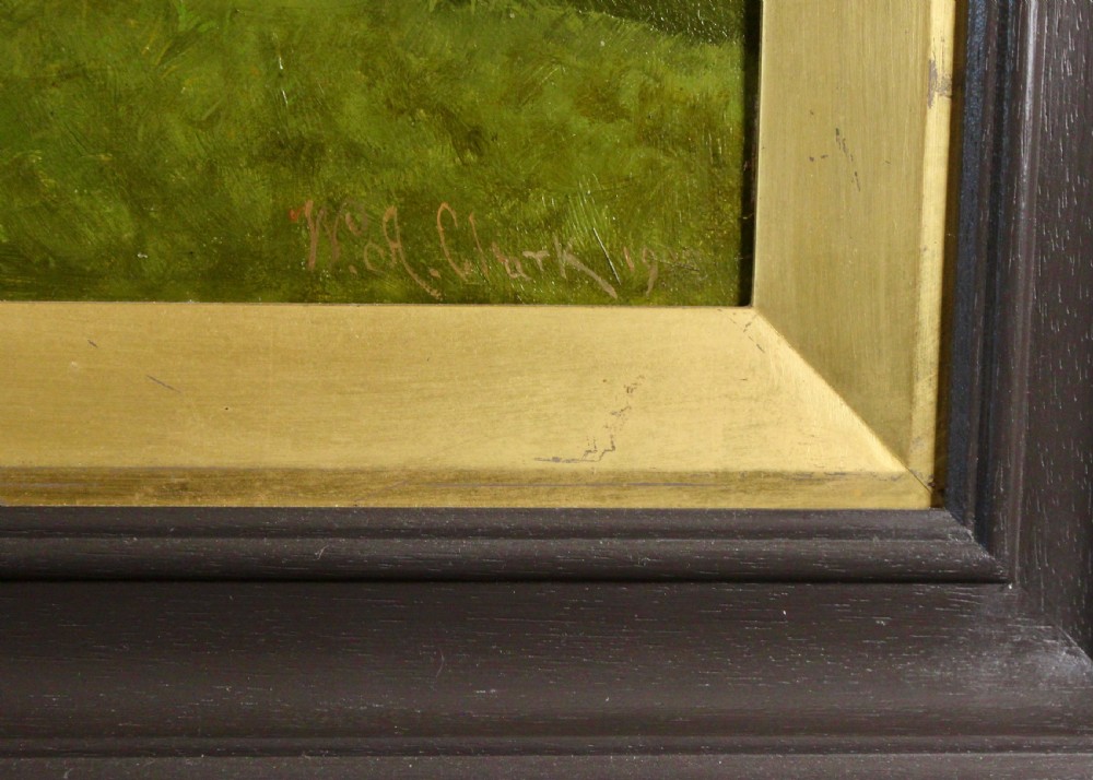 An antique framed oil painting depicting a dark brown Hackney horse standing in profile across a green pasture under a cloudy sky. View II