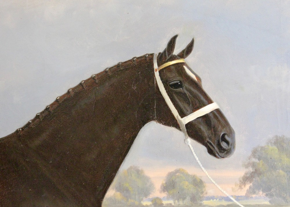 An antique framed oil painting depicting a dark brown Hackney horse standing in profile across a green pasture under a cloudy sky. View IV