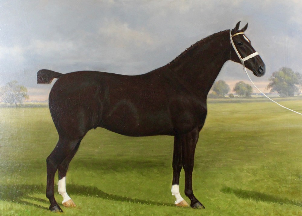 An antique framed oil painting depicting a dark brown Hackney horse standing in profile across a green pasture under a cloudy sky. View VI